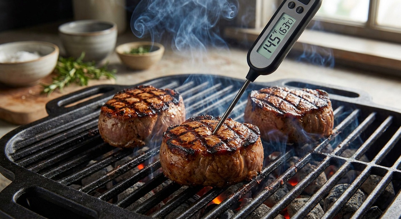 Grill the pork (medallions or whole tenderloin) to 145°F (63°C)