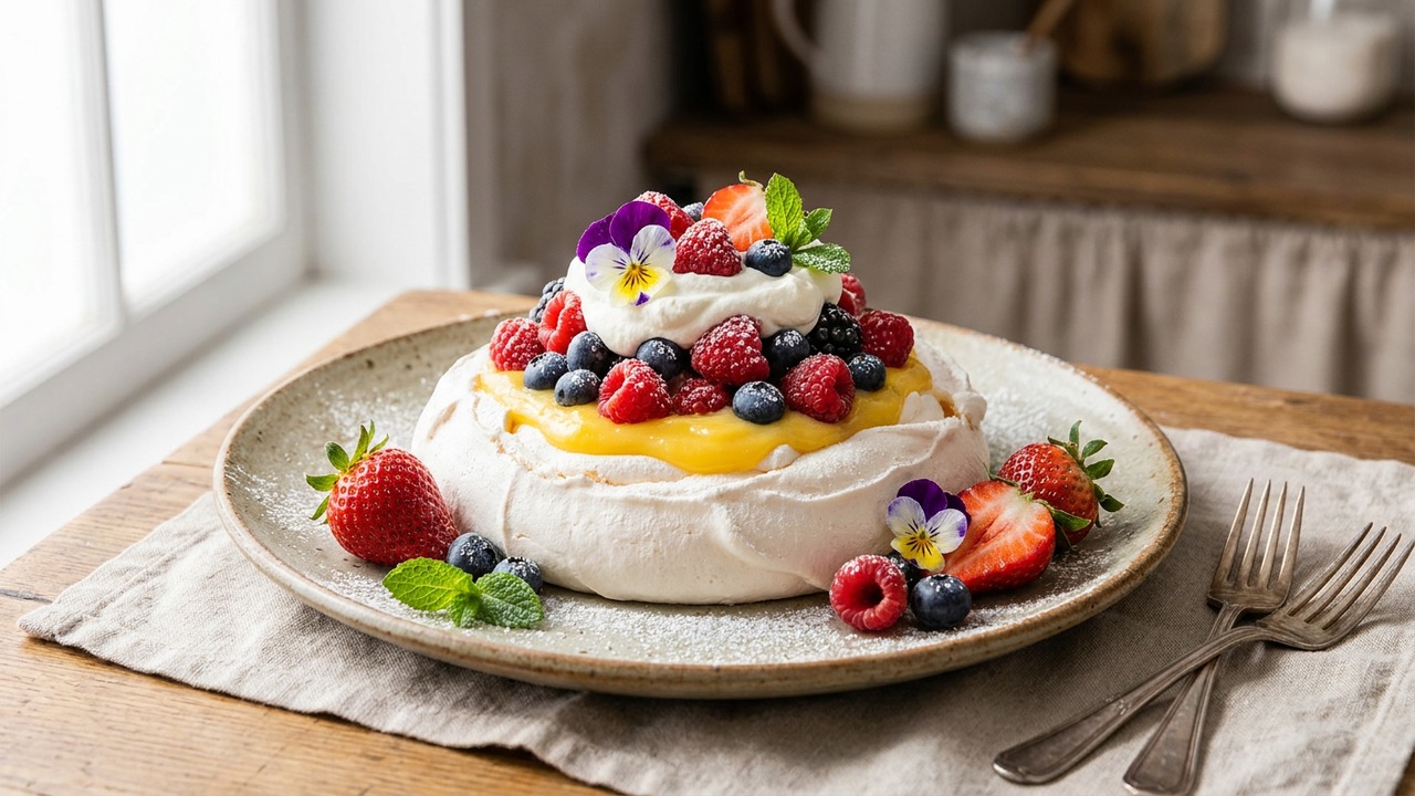No-Bake Mixed Berry Pavlova with Lemon Curd