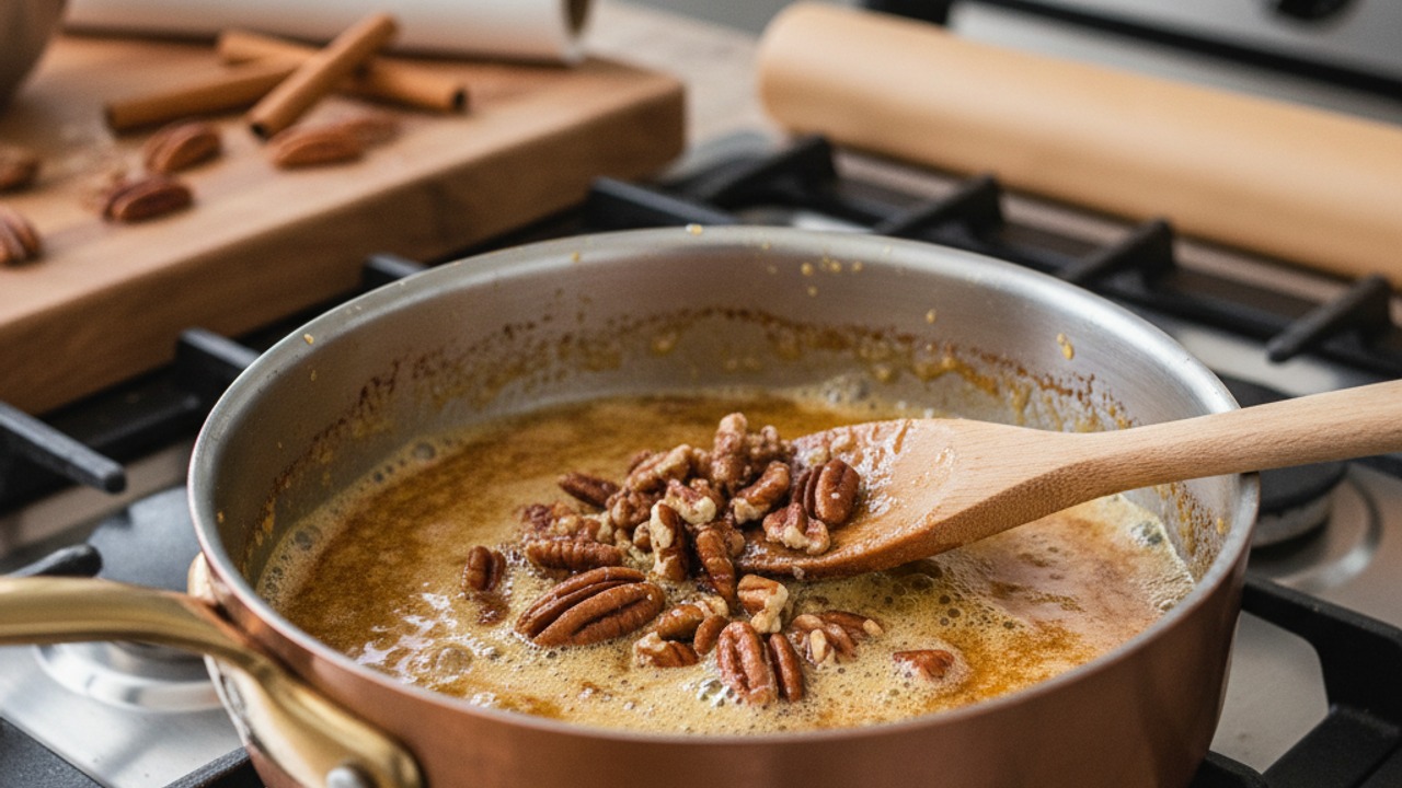 Brown the butter and toast pecans