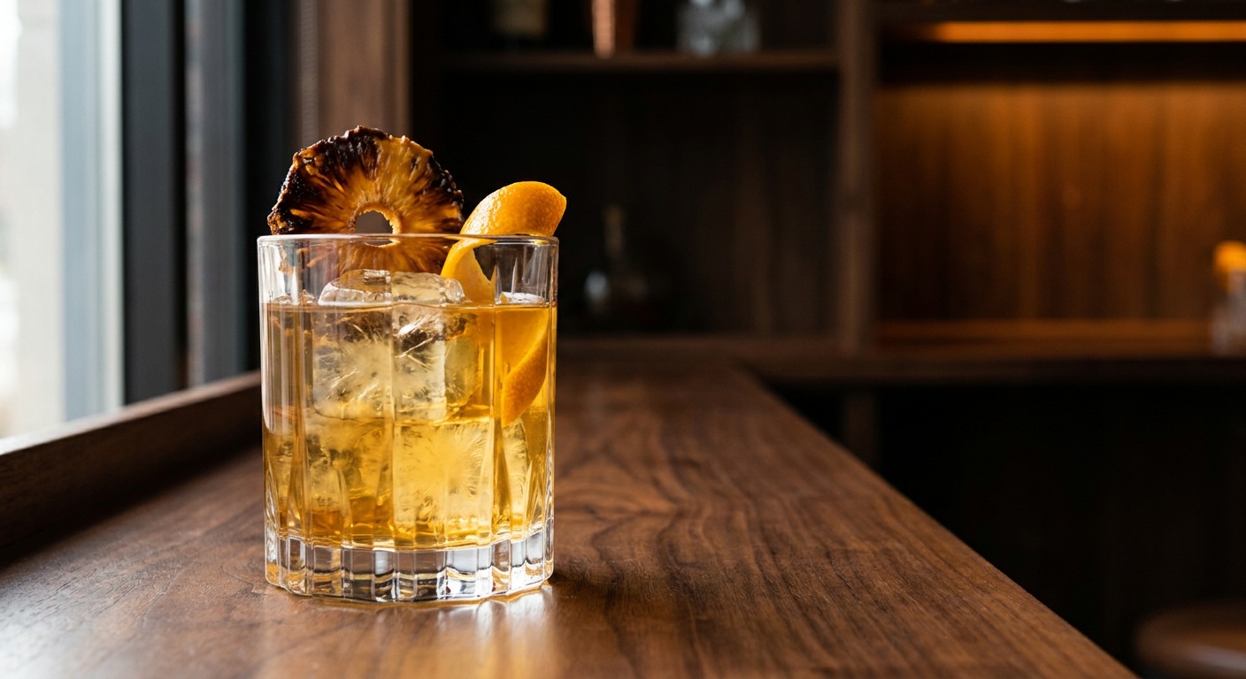Smoky Grilled Pineapple Mezcal Old-Fashioned with Brown Butter-Pineapple Syrup