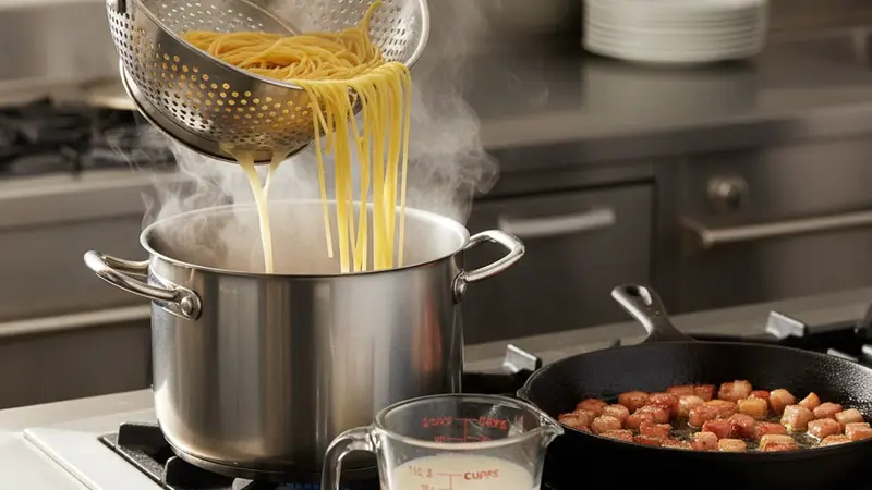 Cook pasta to just before al dente and reserve water