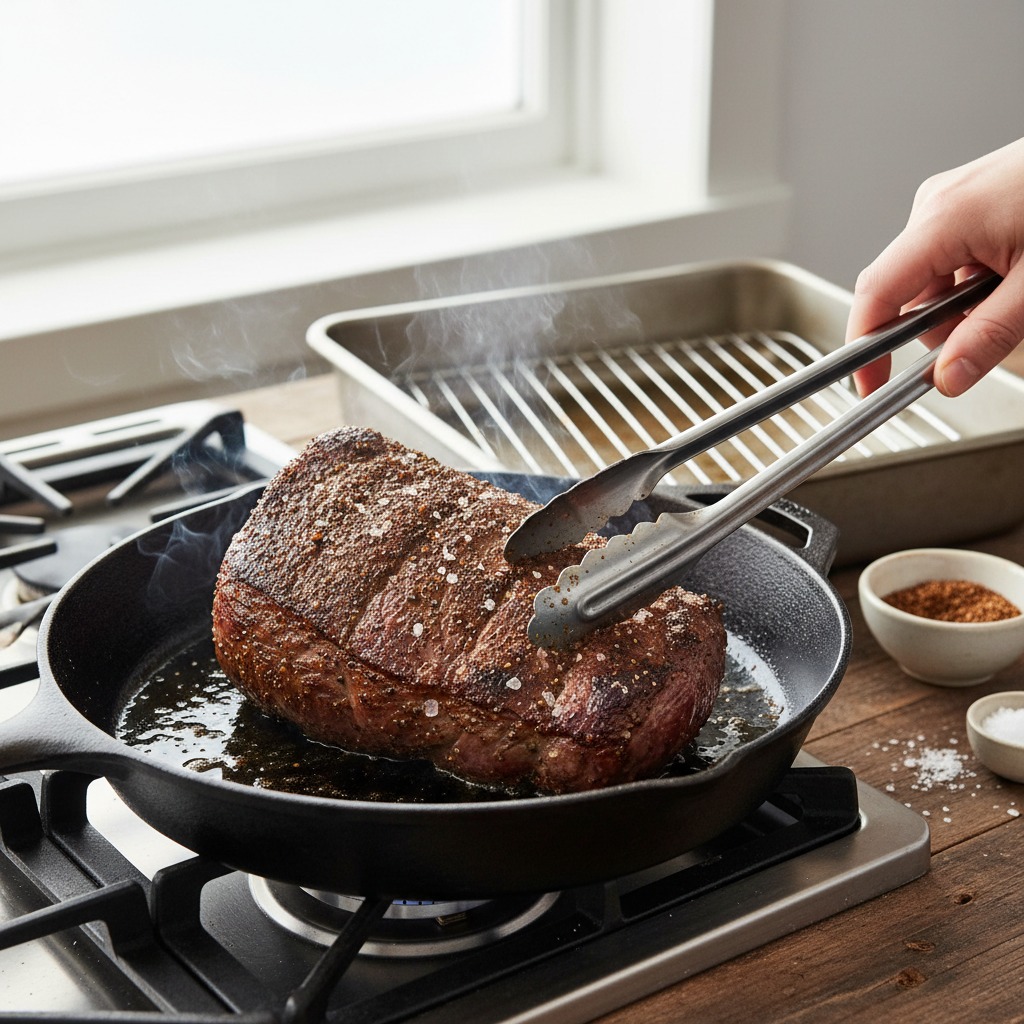 Season, sear and roast the beef