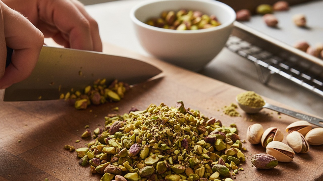 Toast and chop pistachios