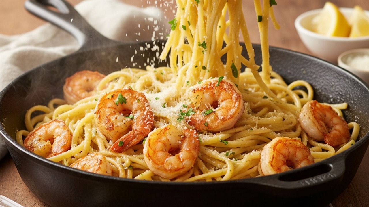 Toss pasta with sauce, finish with shrimp and garnish