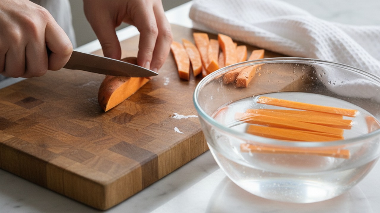 Trim, cut and soak the sweet potatoes