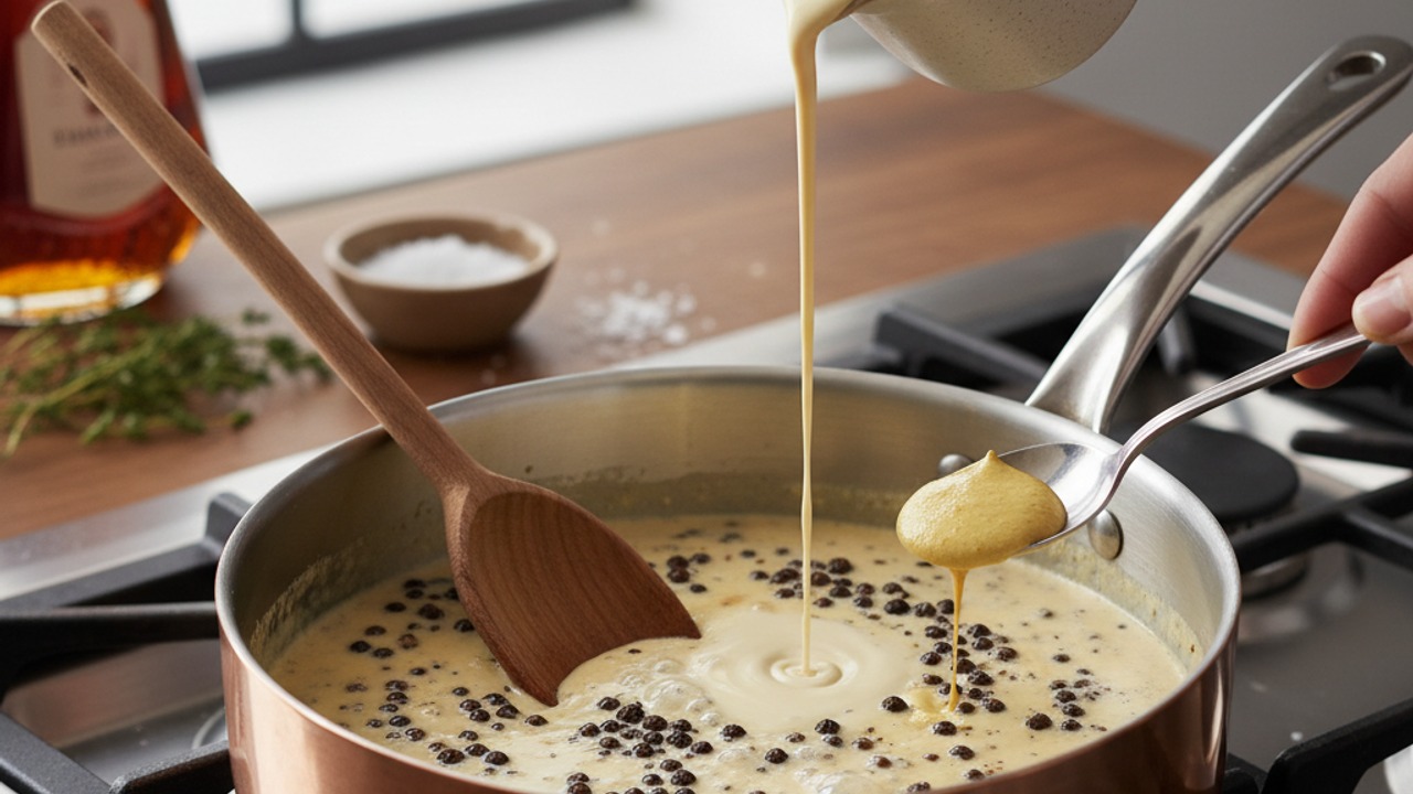 Finish the peppercorn cream sauce