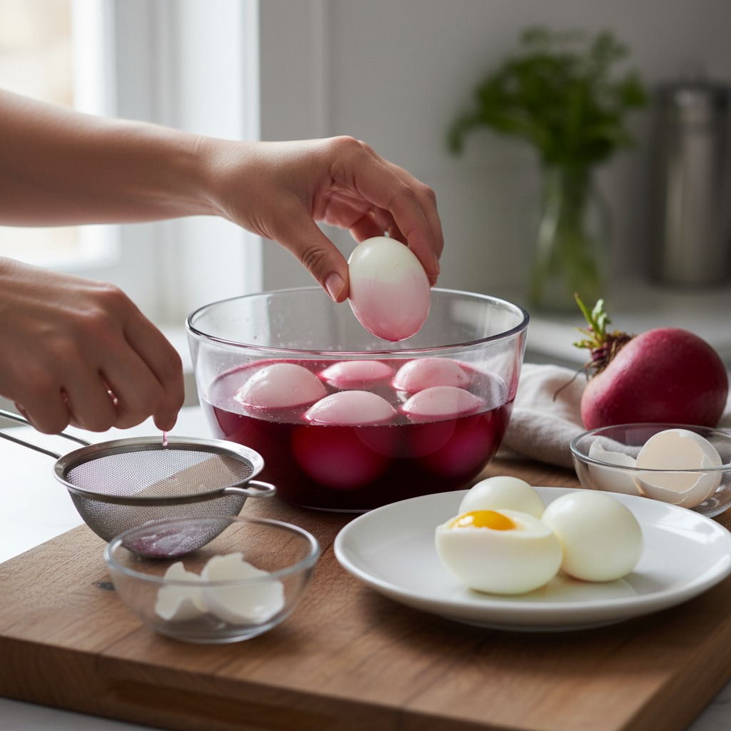 Peel eggs and tint the whites