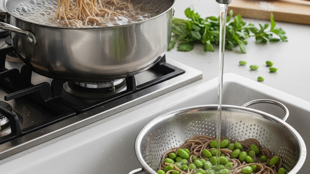 Cook soba and edamame