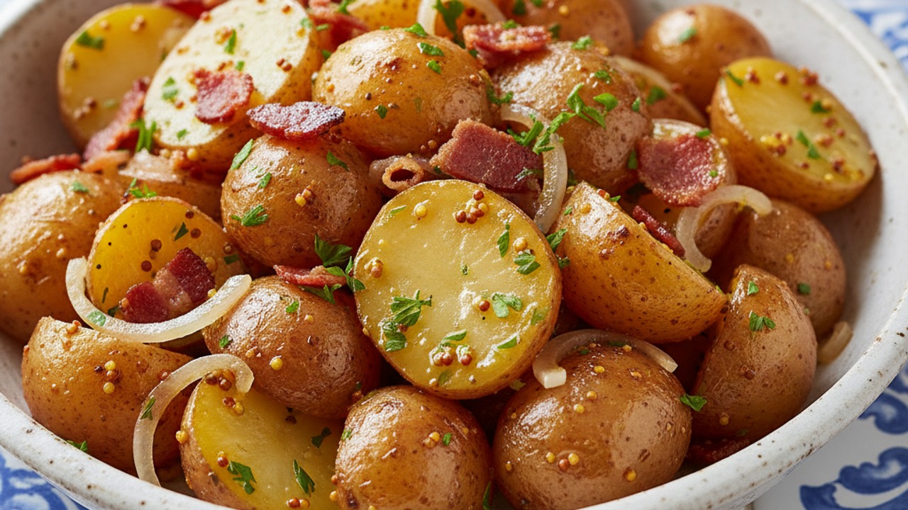 Classic Warm German Potato Salad with Bacon & Whole-Grain Mustard (Labor Day Steak Side)