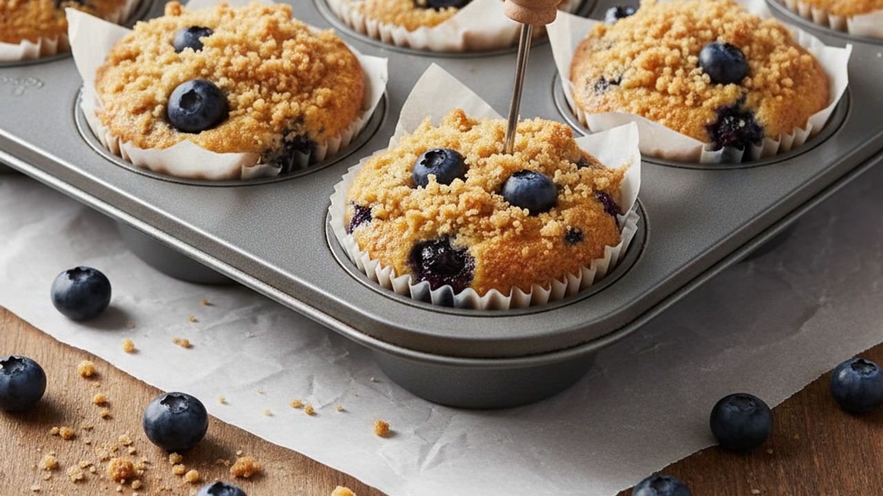Fill cups, add streusel, and bake
