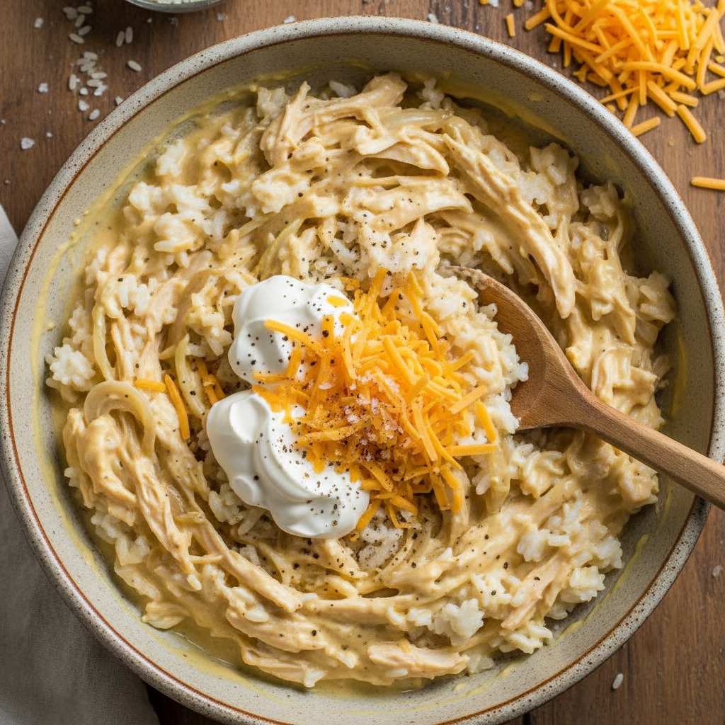 Combine chicken, rice and creamy mixture