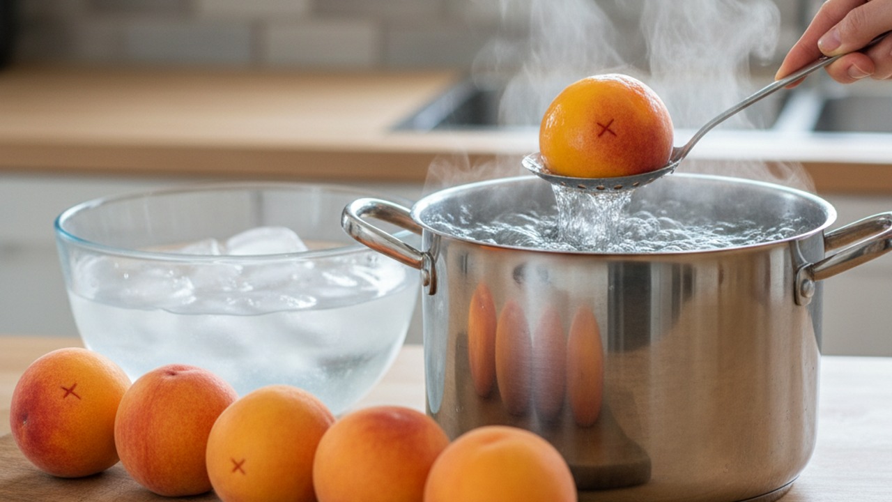Blanch and cool the peaches
