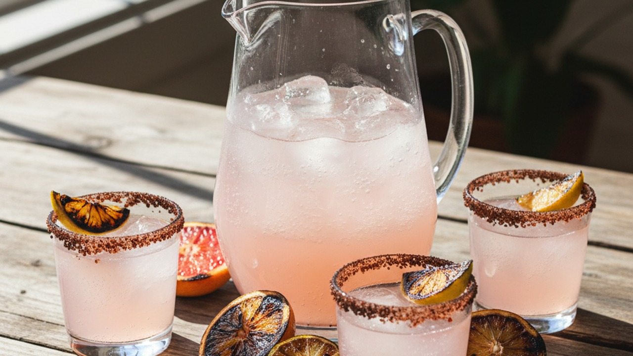 Charred-Citrus Mezcal Paloma with Mesquite-Smoked Salt Rim (Pitcher for Cookouts)
