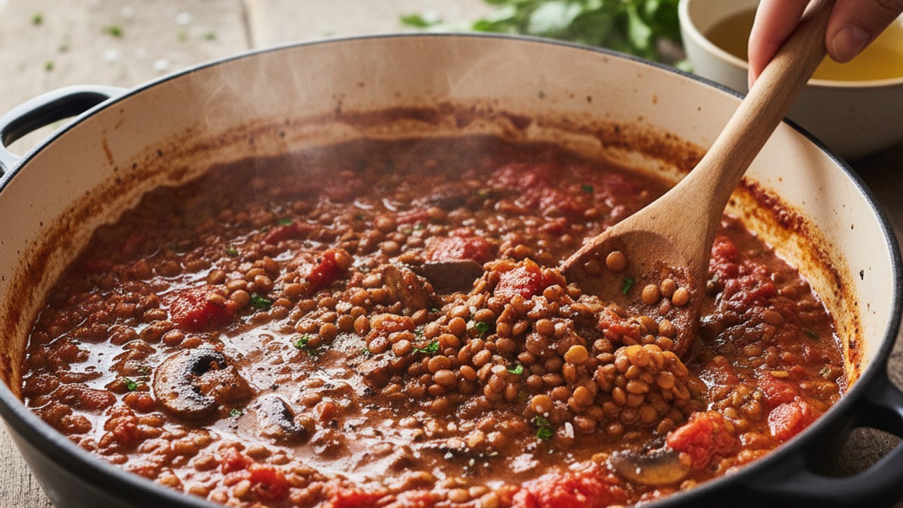 Add lentils, tomatoes and simmer