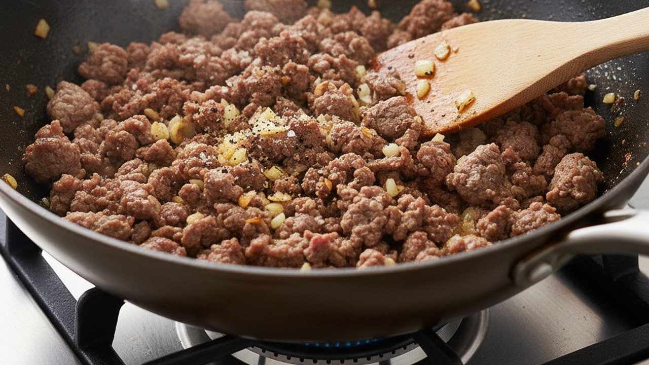 Brown the ground beef and aromatics