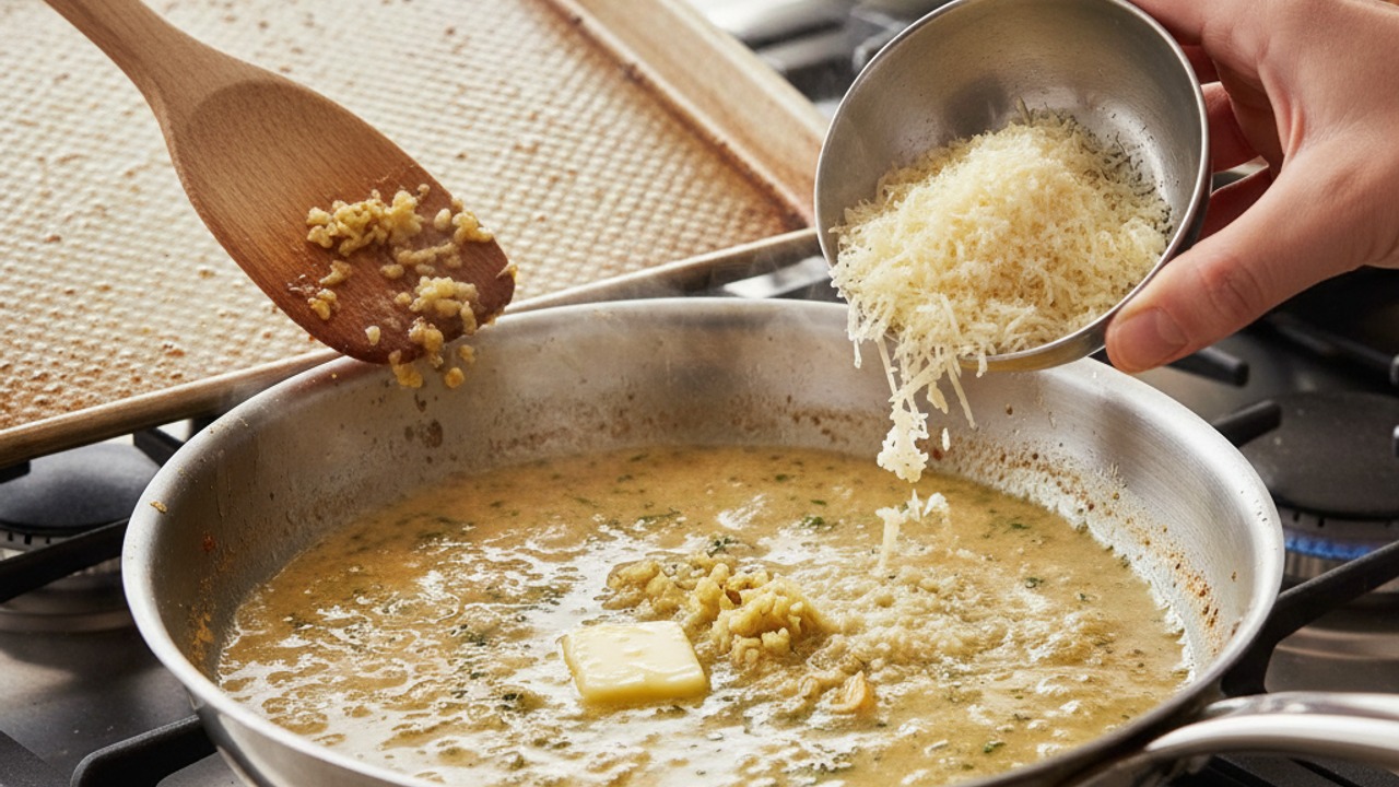 Make the quick garlic‑Parmesan pan sauce
