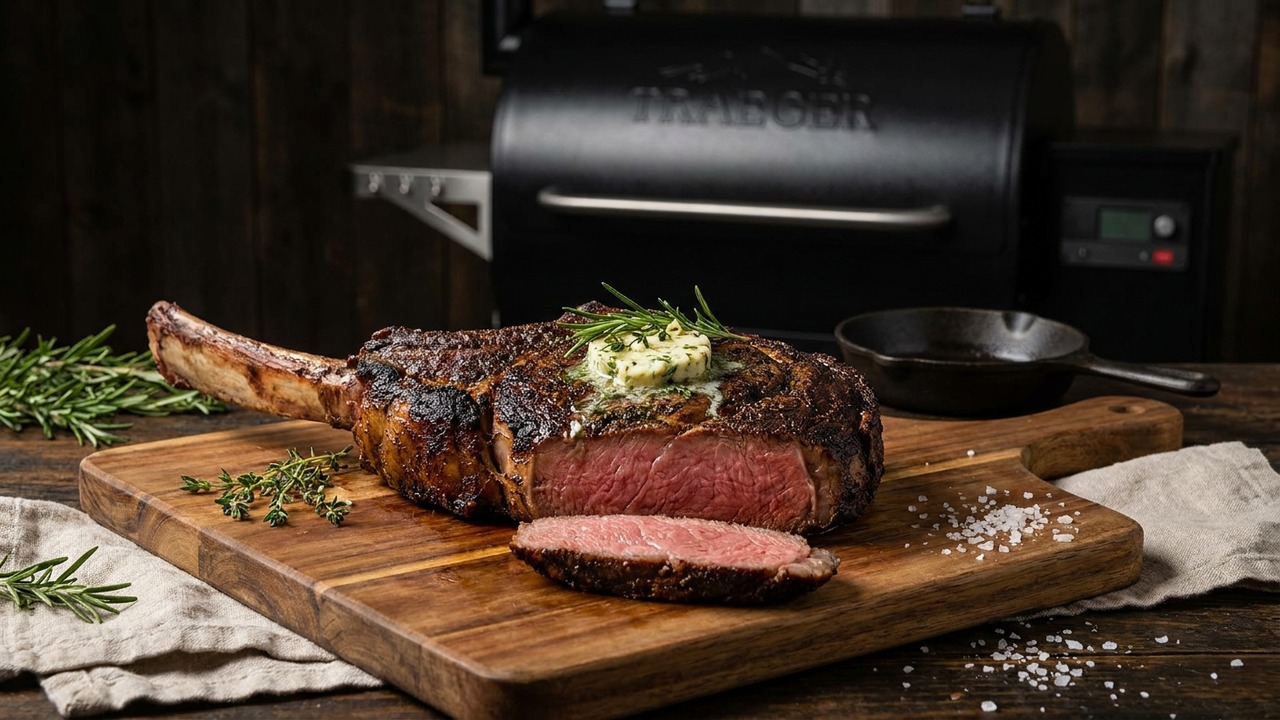 Reverse-Seared Tomahawk Steak on the Traeger with Herb Butter