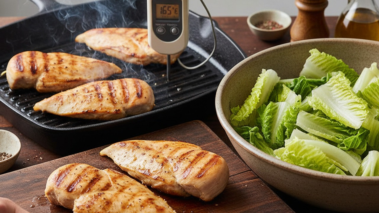 Grill the chicken and prep the greens