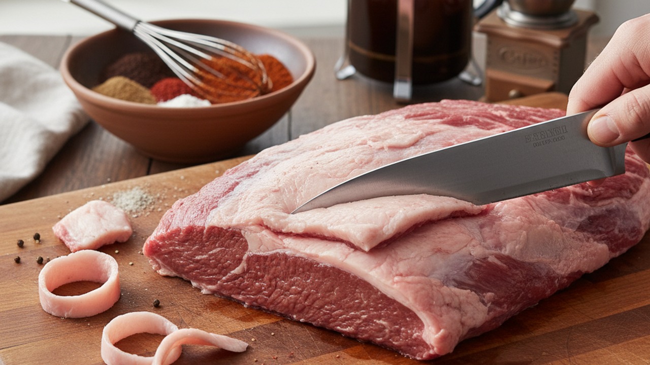 Trim the brisket and make the coffee-chile rub