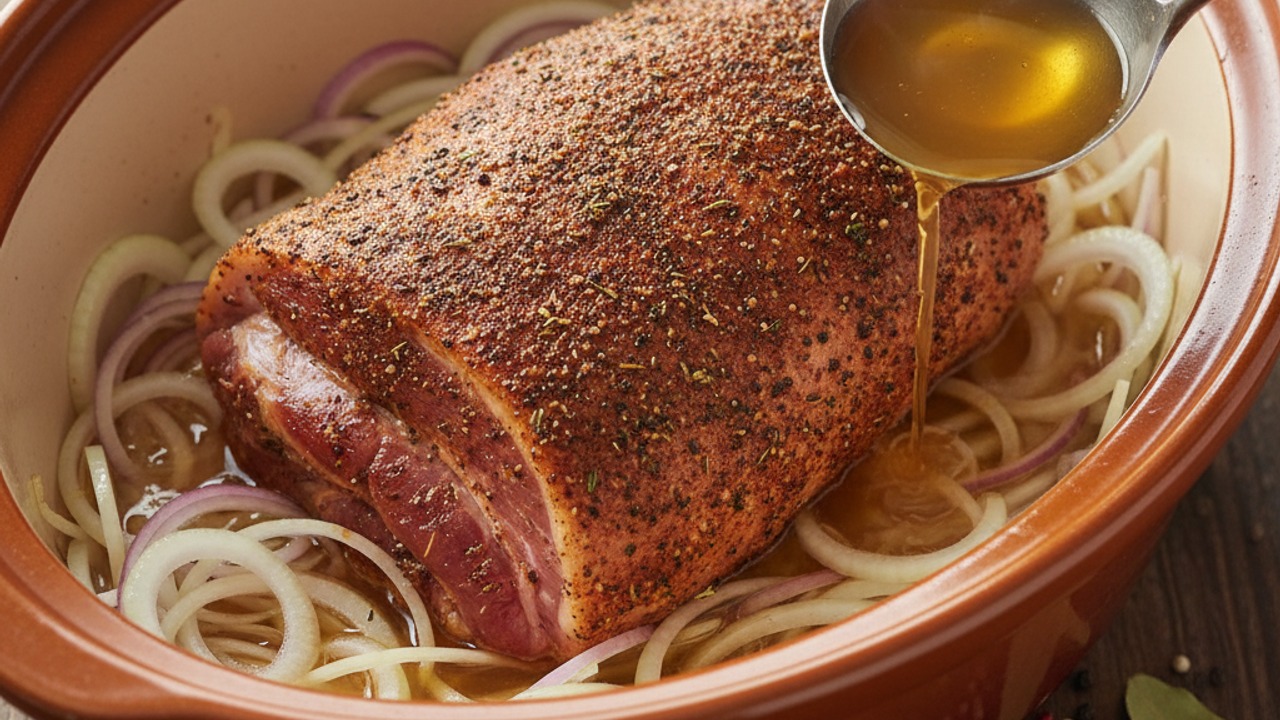 Arrange pork and aromatics in the slow cooker