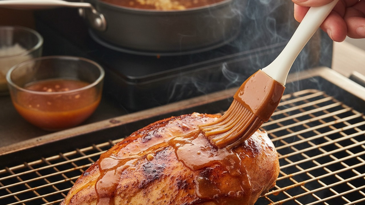 Make and apply the brown sugar soy-honey garlic glaze, then finish