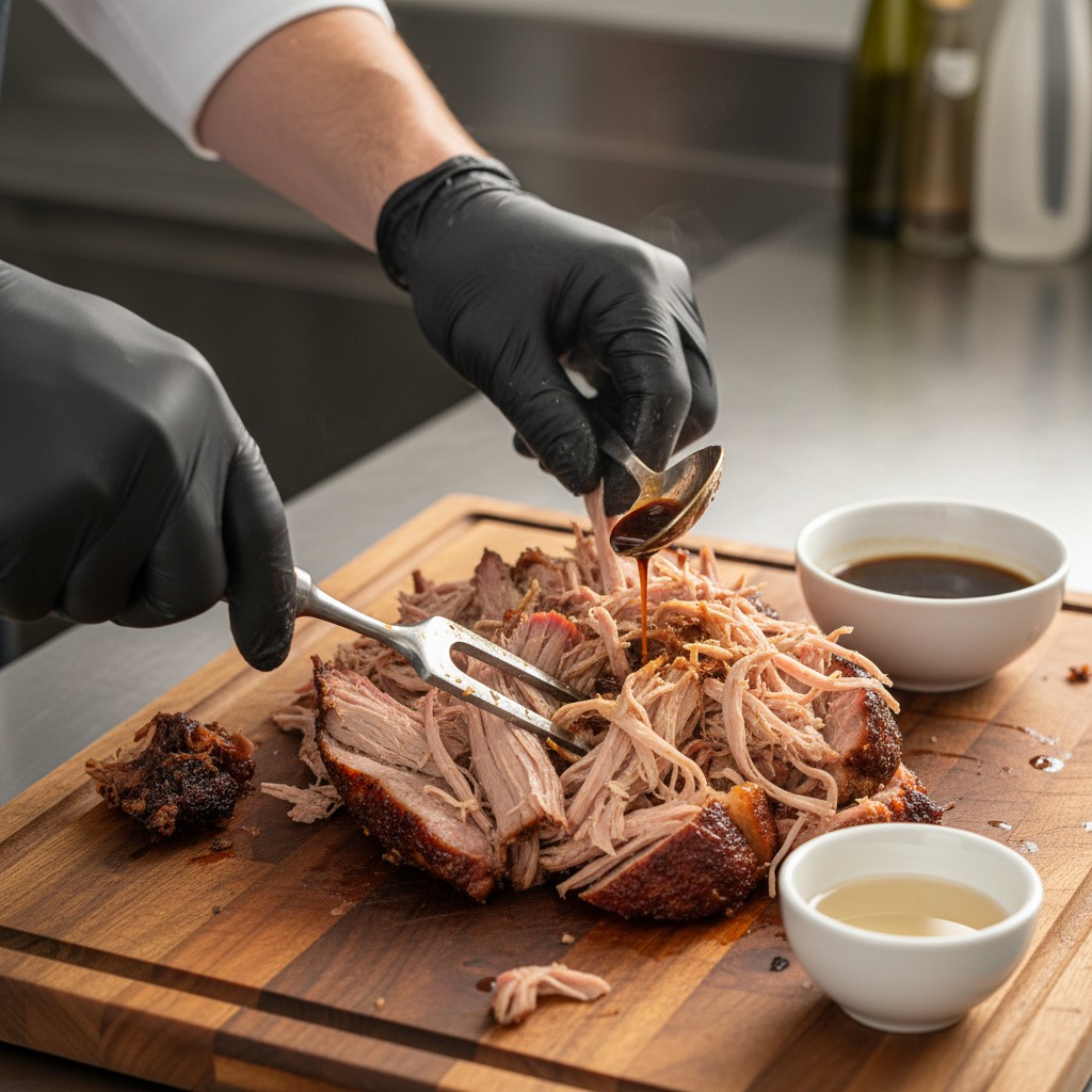 Shred and dress the pork