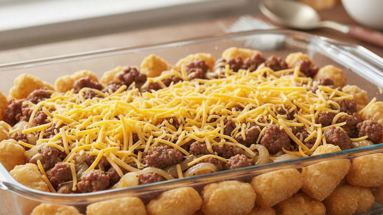 Layer tots, sausage, and cheese