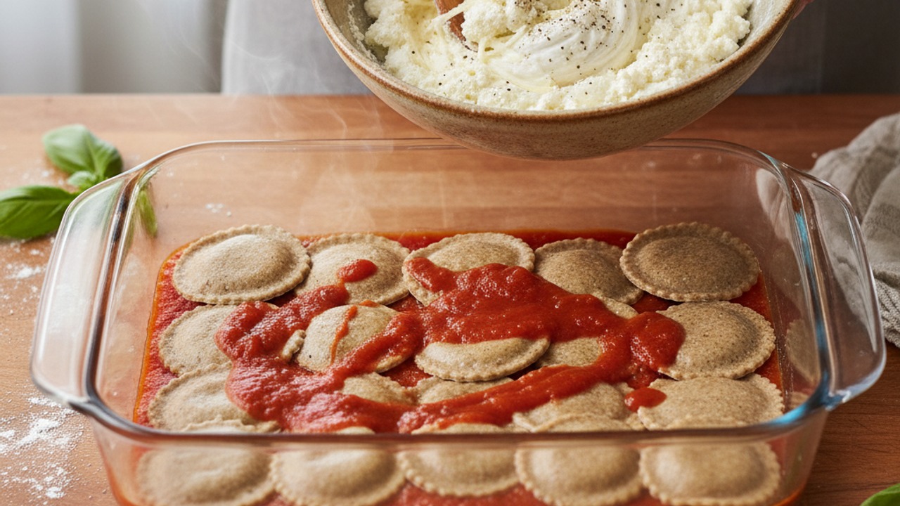 Mix cheeses and assemble the casserole