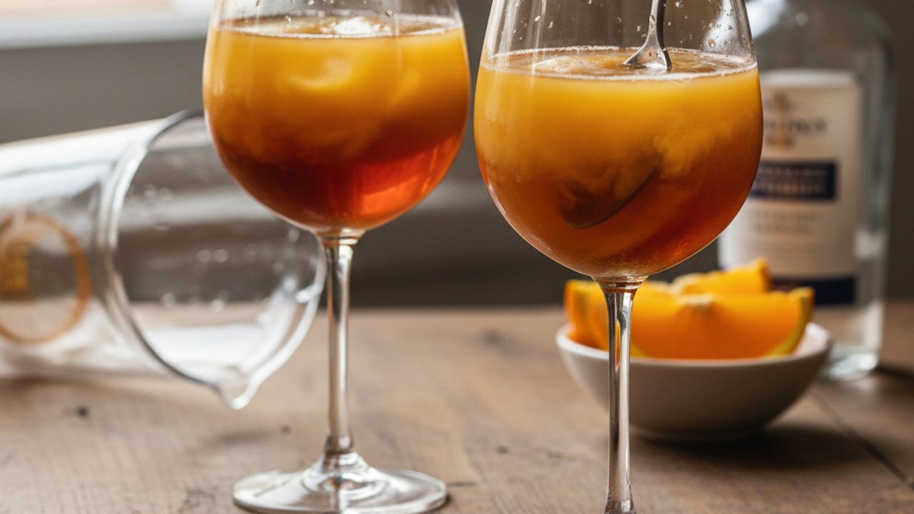 Mix aperitif, orange juice and syrup