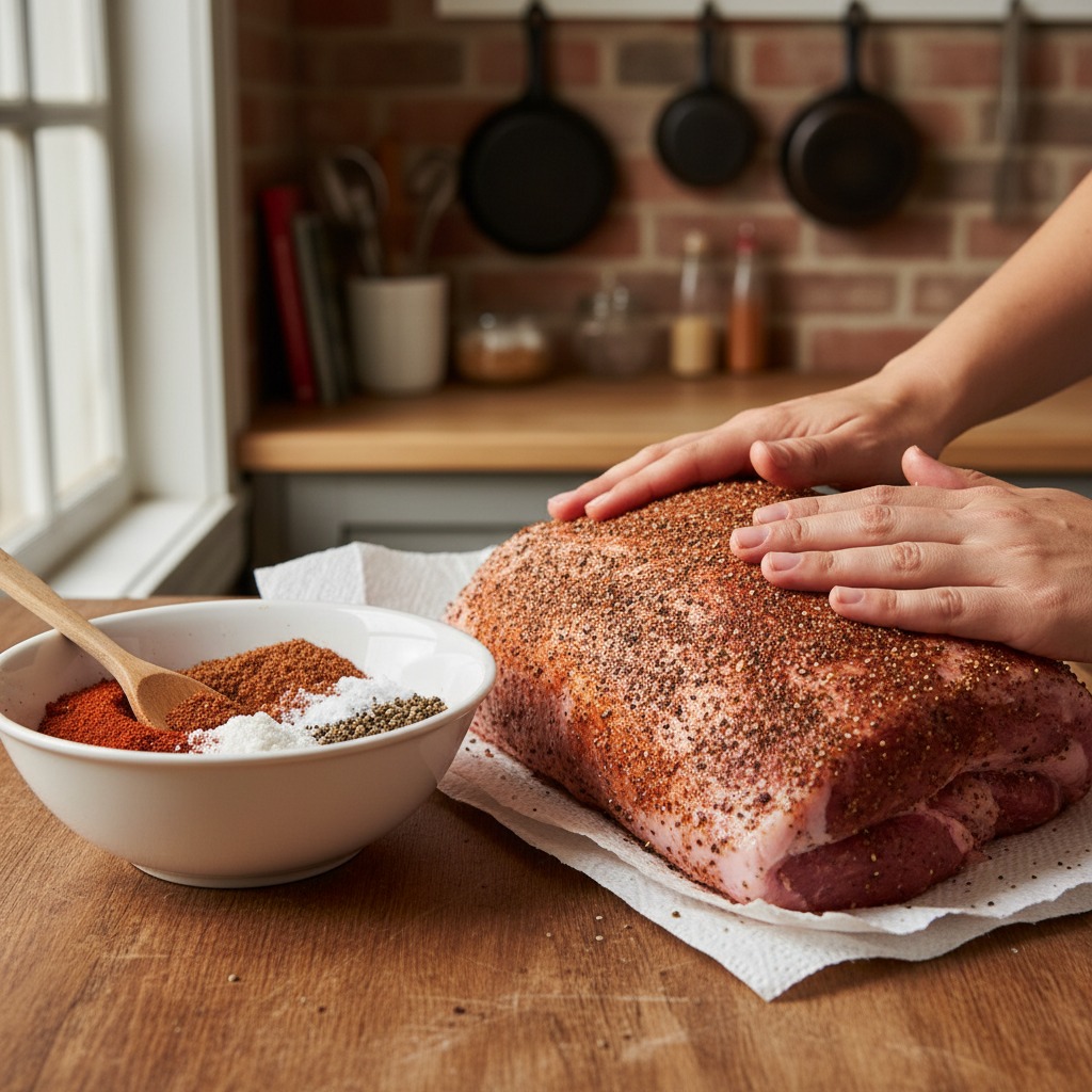 Make the dry rub and season the pork