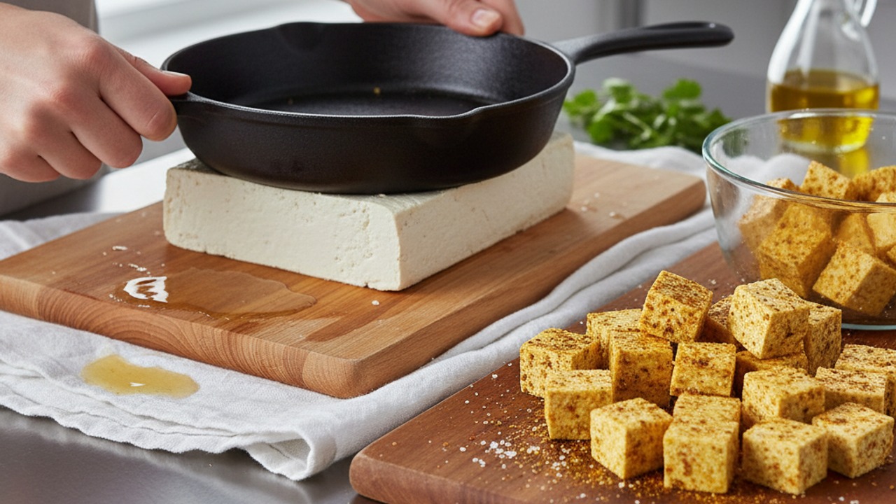 Press, cube and season the tofu