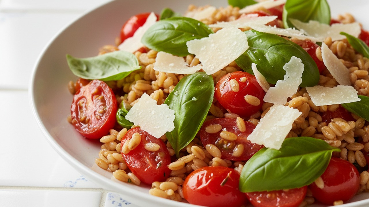 Classic Warm Farro & Roasted Tomato Salad with Basil, Lemon & Shaved Parmesan — Make-Ahead Labor Day Steak Side