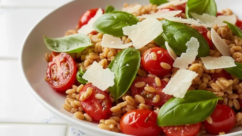 Classic Warm Farro & Roasted Tomato Salad with Basil, Lemon & Shaved Parmesan — Make-Ahead Labor Day Steak Side