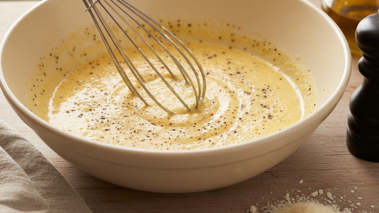 Whisk eggs, cheese, and pepper