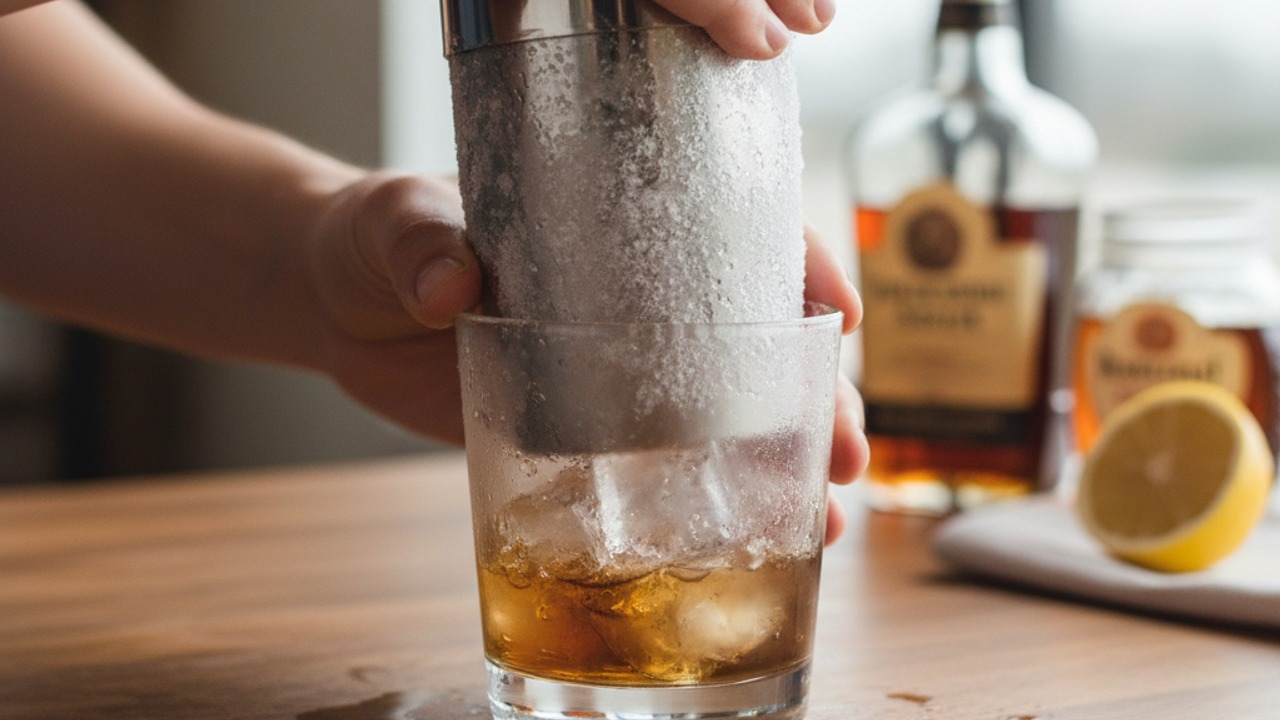 Add ice and shake chilled