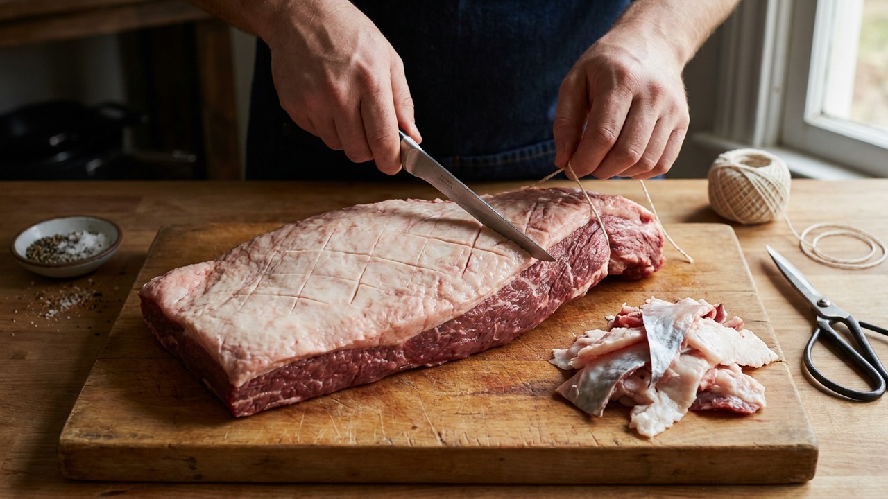 Trim and tie the brisket
