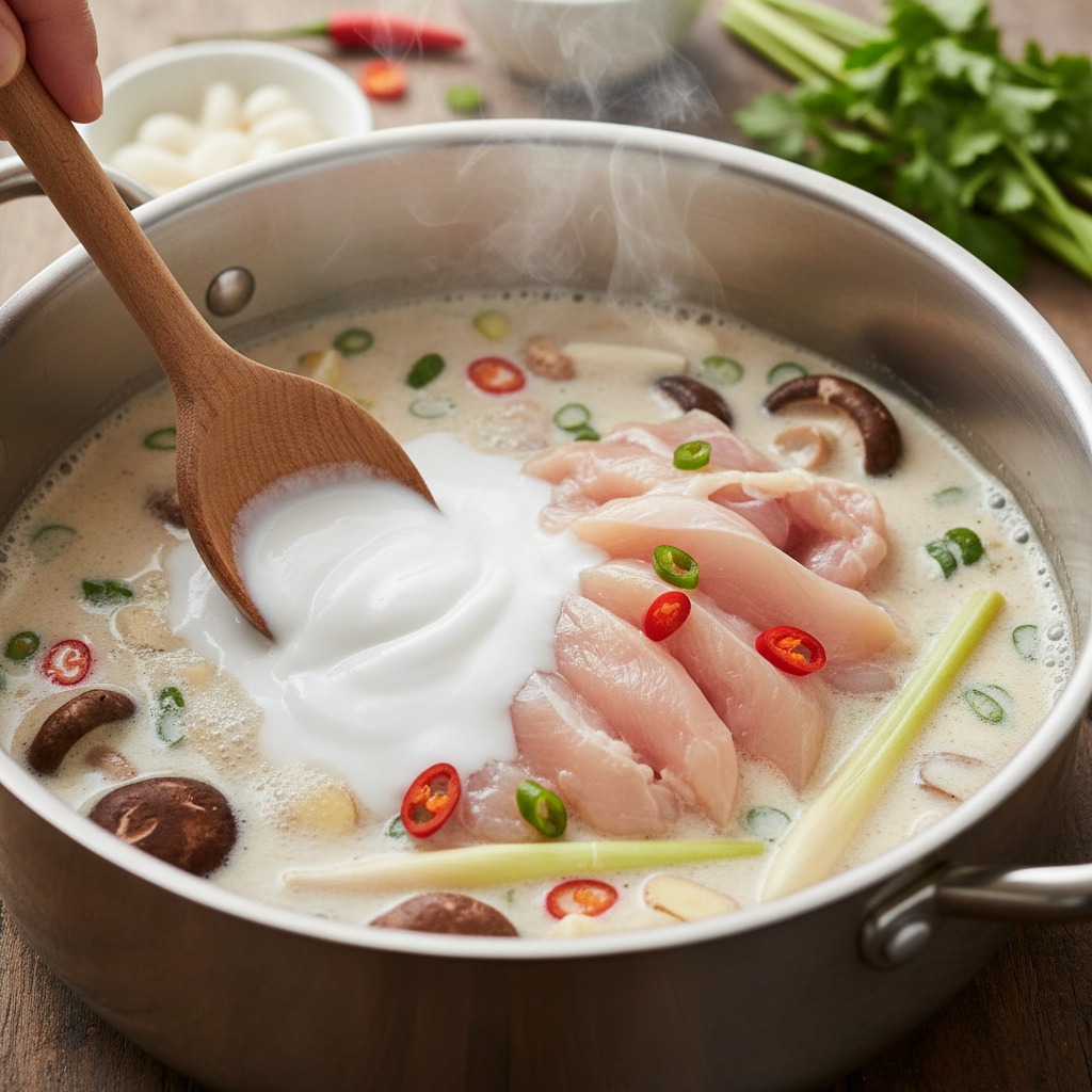 Add coconut milk, chicken and mushrooms