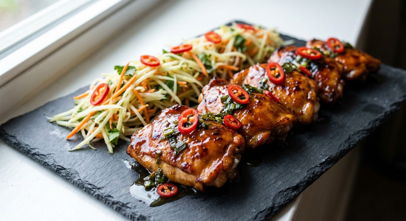 Grilled Vietnamese Caramel Chicken Thighs (Gà Nướng Nước Mắm) with Quick Pickled Papaya and Charred Scallion Oil