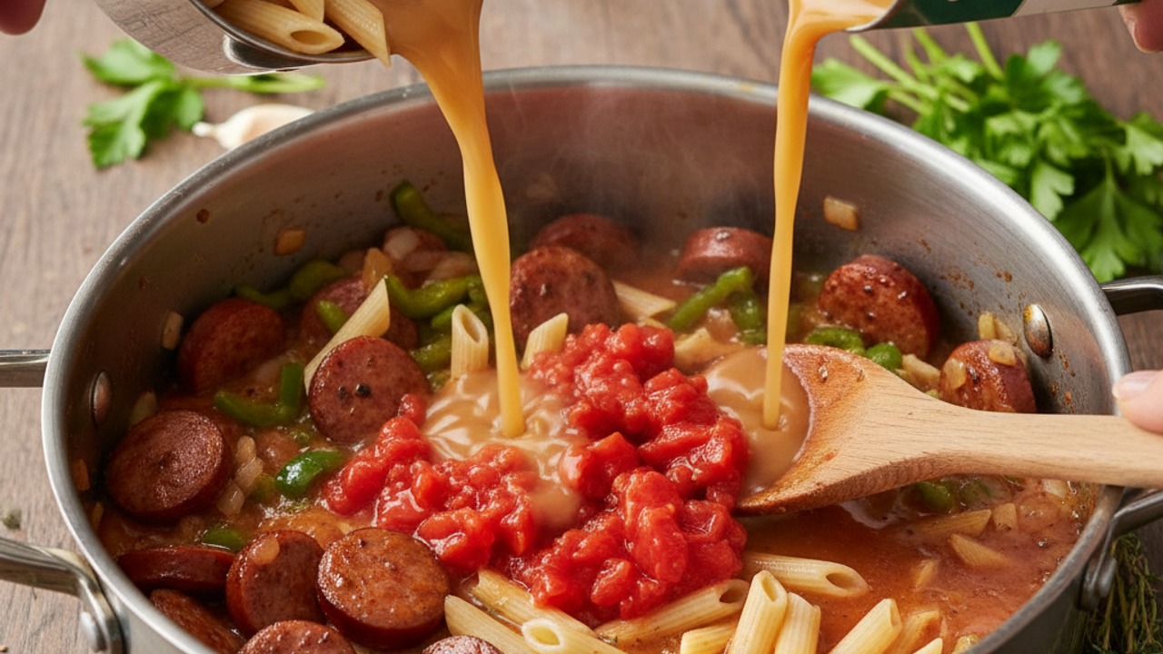 Add pasta and liquids