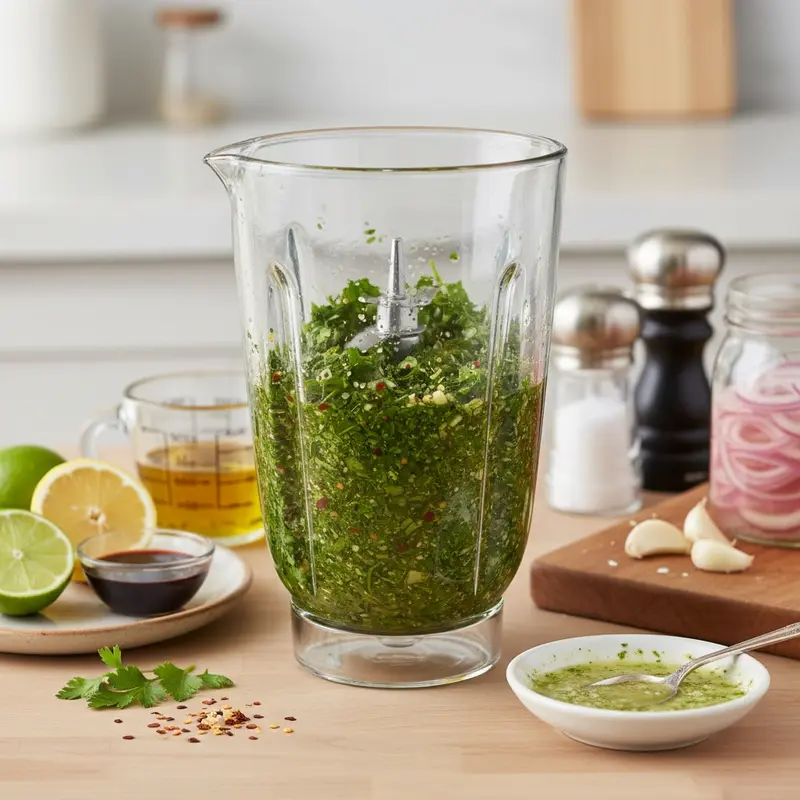 Make chimichurri, quick-pickled onion, and lime-garlic drizzle