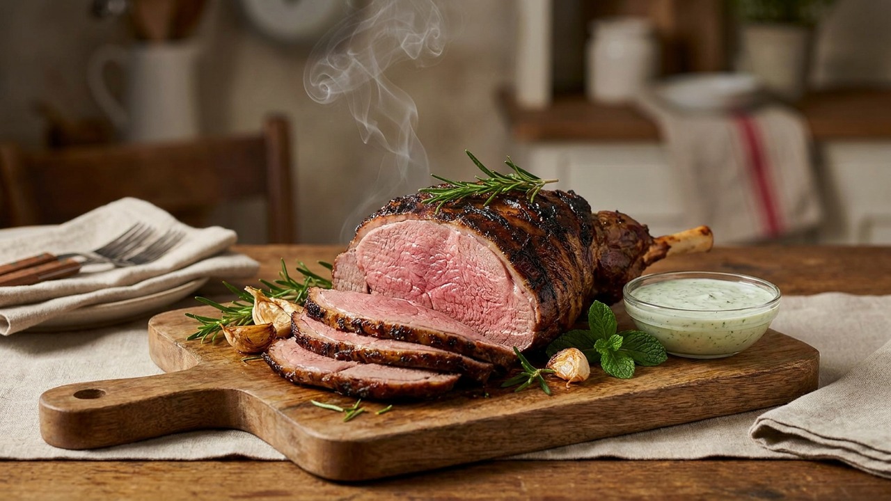 Smoked Leg of Lamb with Garlic, Rosemary and Mint Yogurt Sauce