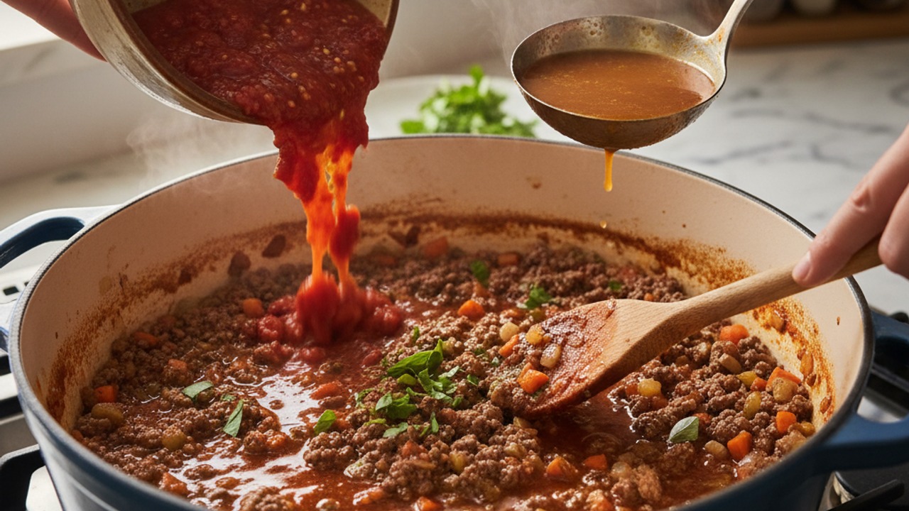 Add tomatoes and broth