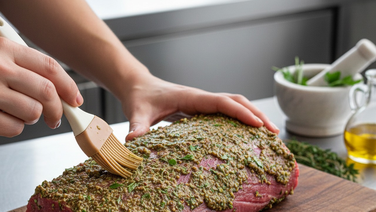 Make the garlic-herb paste and coat the roast