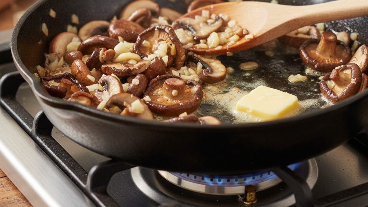 Sauté shallot, garlic, and mushrooms