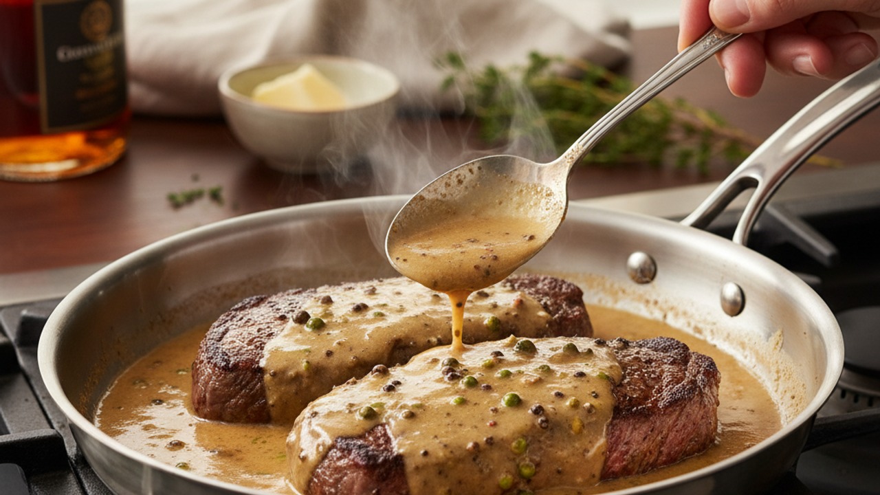 Mount the sauce and return steaks to the pan