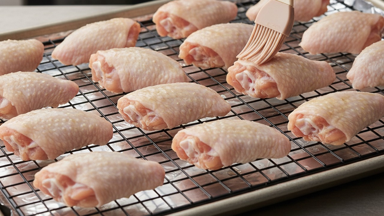 Arrange wings and begin low-temperature bake