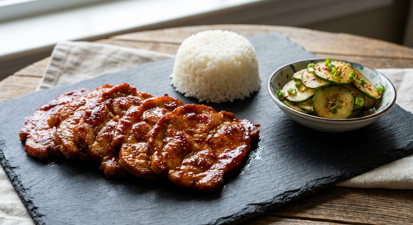 Korean Grilled Pork Collar Steaks (Moksal) with Gochujang-Honey Glaze and Quick Cucumber Kimchi