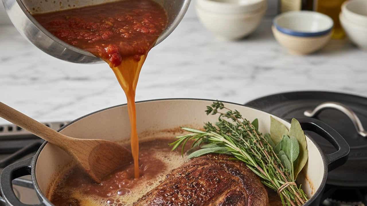 Deglaze and build the braising liquid