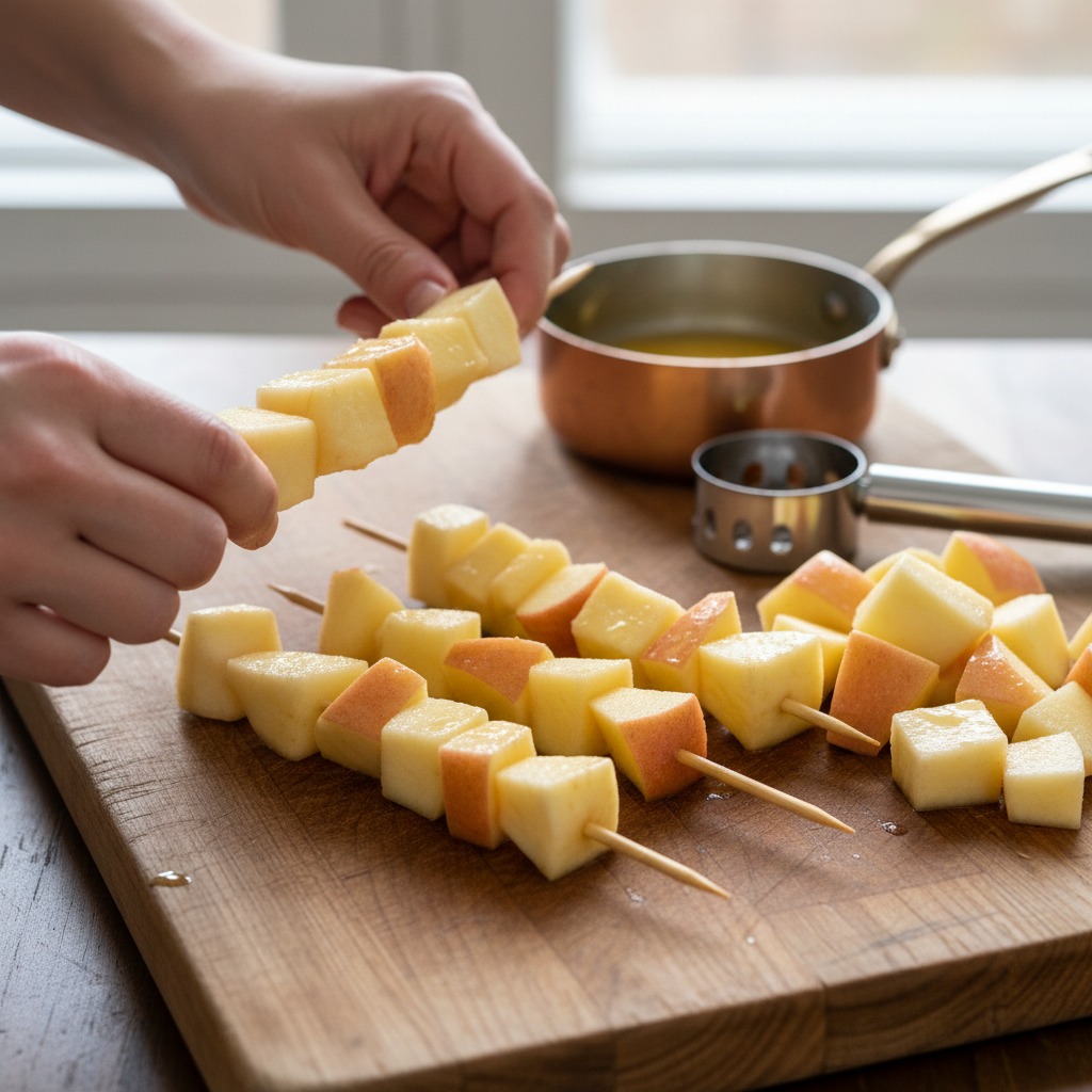 Core, chop and skewer the apples