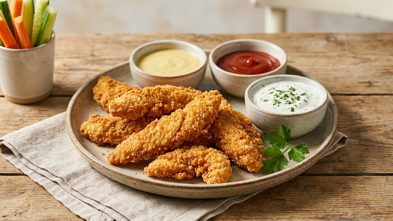 Air Fryer Chicken Strips with 3 Dipping Sauces (Kid Approved)